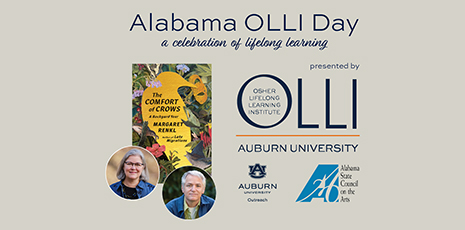 Book cover for The Comfort of Crows with pictures of a white haired woman and man smiling and logos for Alabama OLLI Day OLLI at Auburn Auburn Outreach and Alabama State Council on the Arts