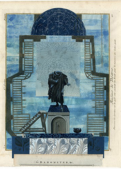 Collage artwork in blue tones with a headless statue surrounded by ladders with a celestial chart above it
