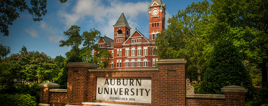 Samford hall with Auburn University brick sign in front
