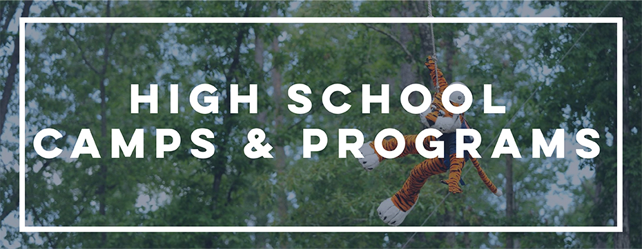 High School camps and programs; Background image of Aubie on ropes course.