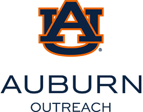 A blue interlocking AU outlined in orange, Auburn Outreach