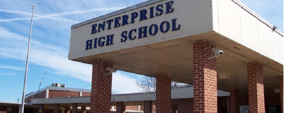 Entrance to Enterprise High School. Close examination shows Letter N damaged by tornado.