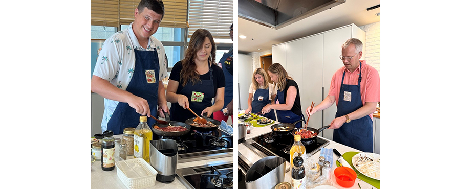 Two images - Man and woman on left cooking and a group of two women and one man cooking on the right