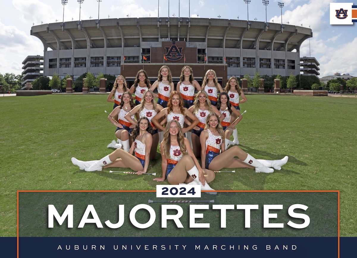 2023 Majorettes posing in front of Jordan-Hare Stadium