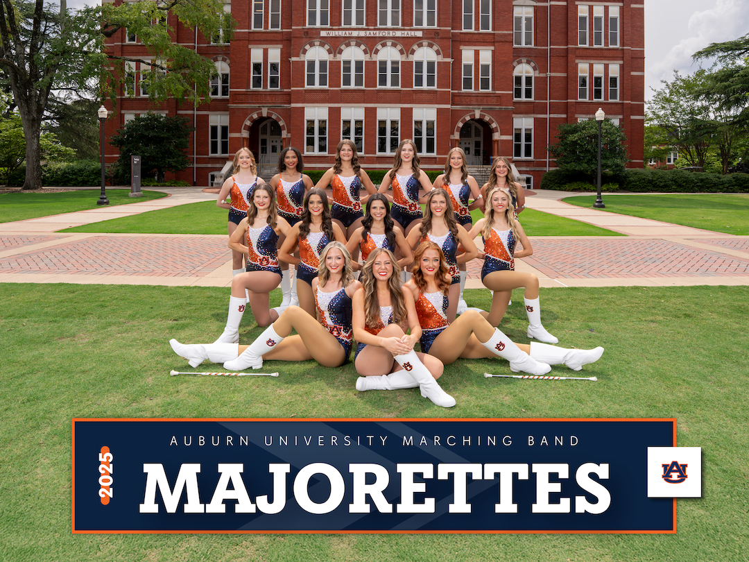 2025 Majorettes posing in front of Samford Hall